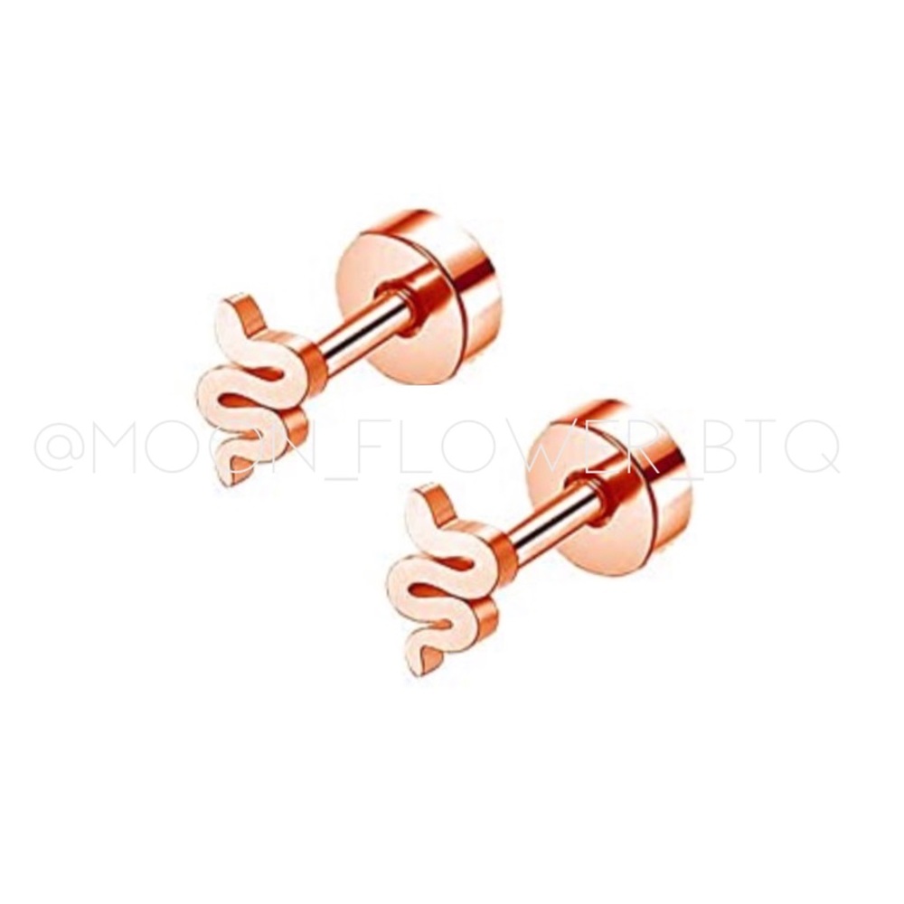 Tiny Rose Gold Snake Flat Back Stud Earrings - Picture 6 of 6
